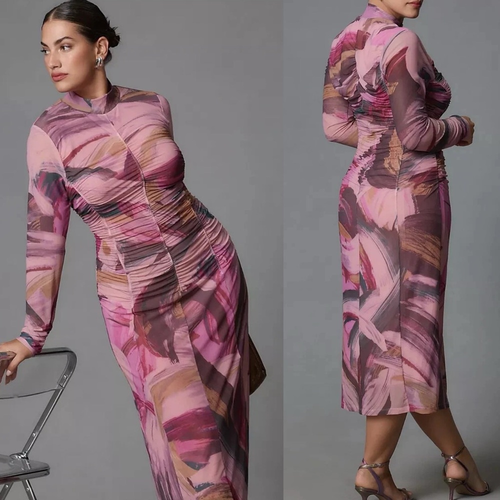 Anthropologie Long Sleeve Printed Mesh Midi Maxi Dress Ruched Mock Neck - Picture 3 of 16